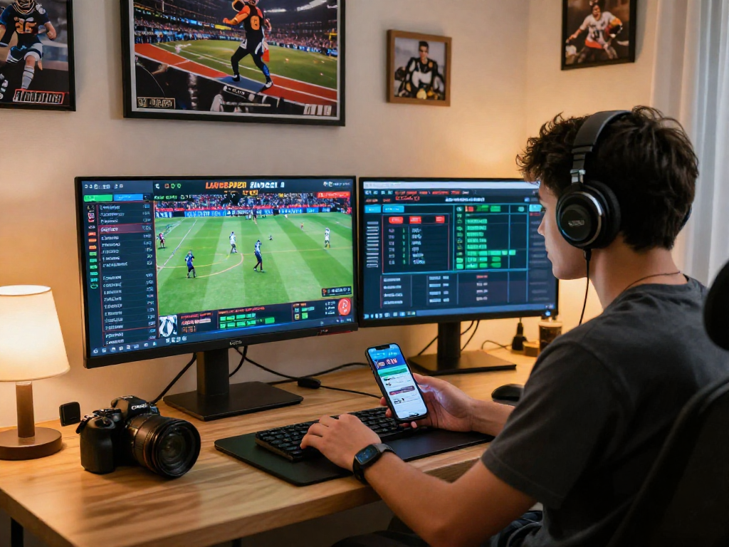 Bola88 engaging online sports betting scene with dynamic screens and enthusiastic user.