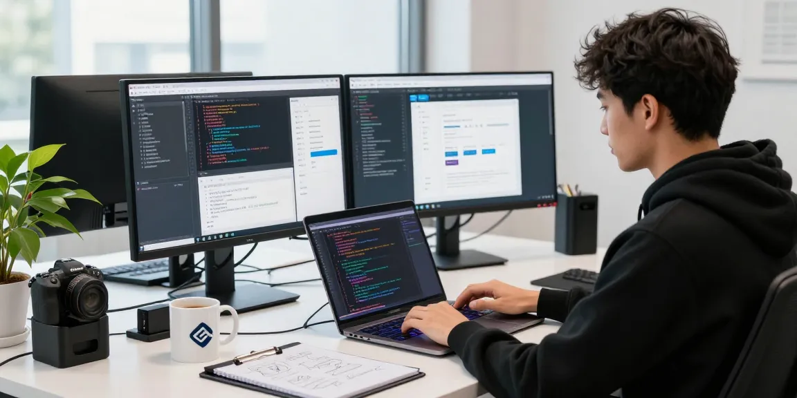 Developers at work using bdtjl in a modern tech office, showcasing coding and design.