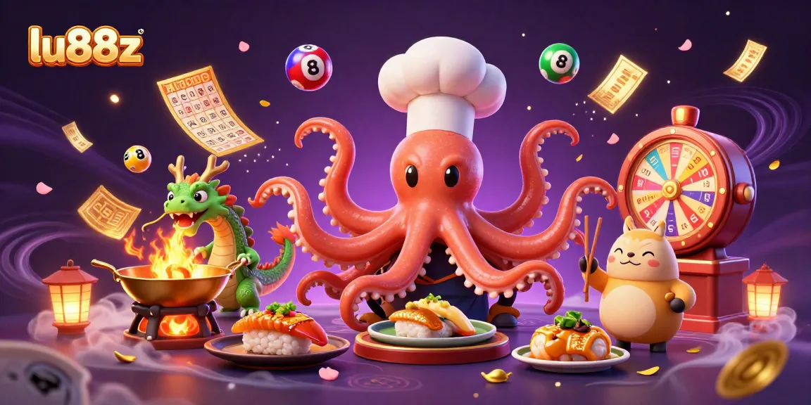 Experience the excitement of lu88z in this vibrant casino illustration featuring an octopus chef and lottery elements.