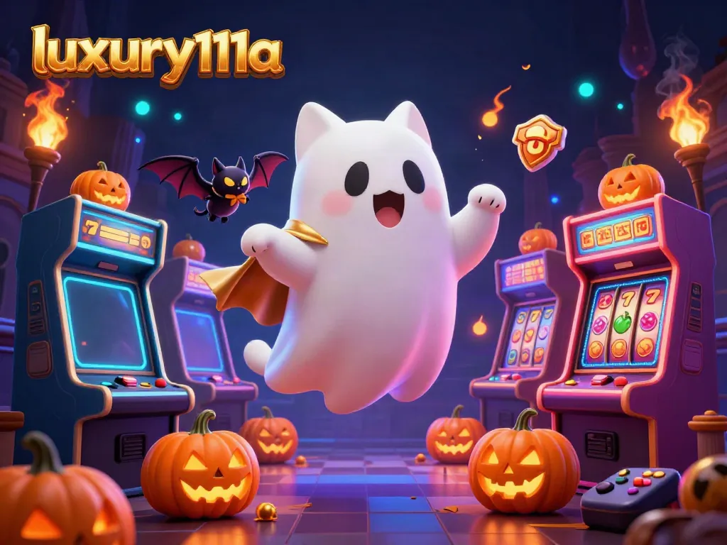 Experience luxury111a's haunted casino with a friendly ghost cat and vibrant gaming elements.