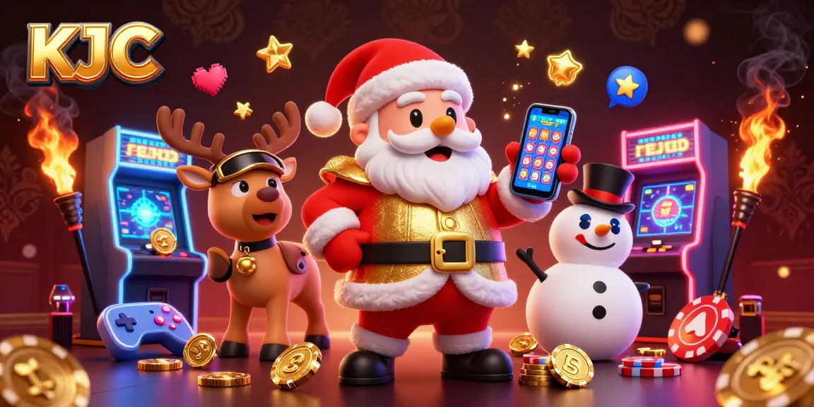 KJC brings excitement to life as Santa reveals jackpot slots while festive characters explore a vibrant casino space.