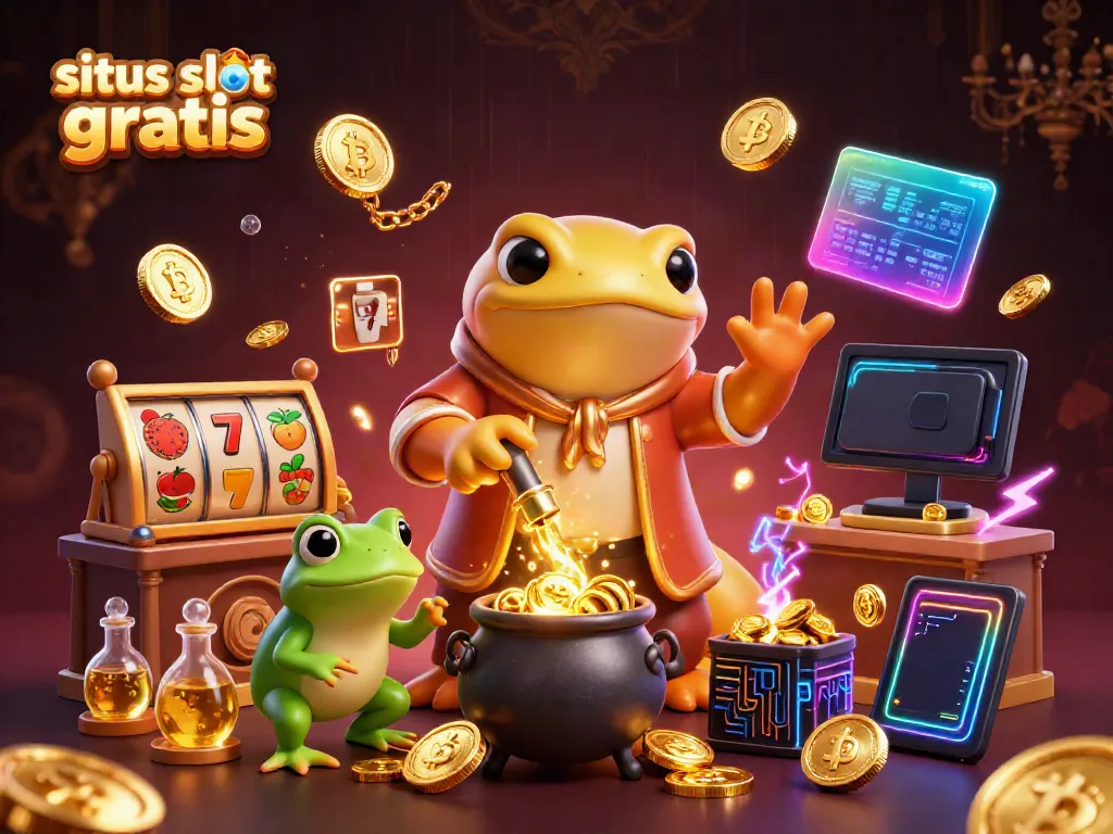 Engage with situs slot gratis in an enchanting scene featuring gold coins, slot reels, and captivating alchemical characters.