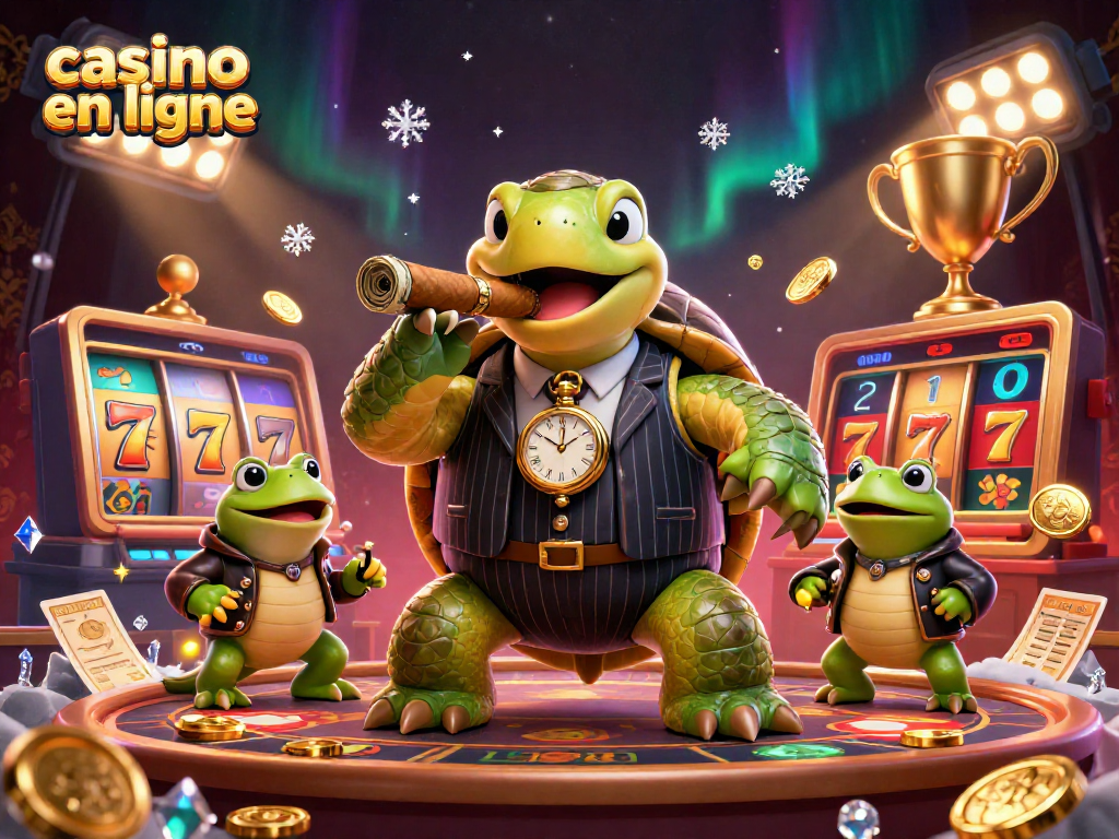 Plongez dans l'univers du casino en ligne avec cette illustration humoristique mettant en scène une tortue et des grenouilles en ambiance de jeu.
