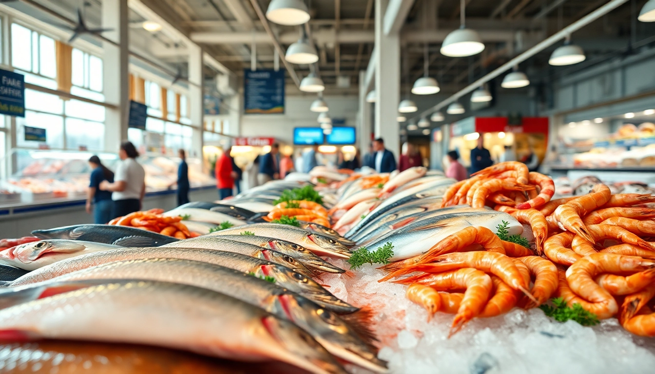 Showcasing premium seafood exporter offerings with fresh fish and shellfish at a vibrant market.