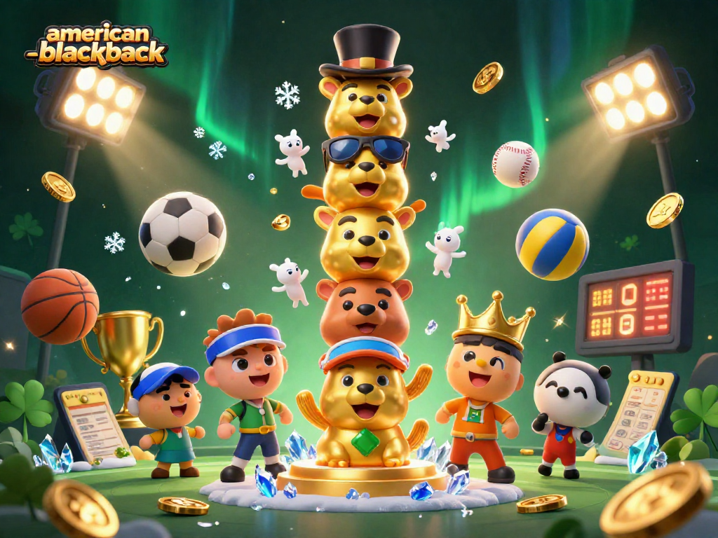 Engage with American Blackjack featuring an animated totem pole surrounded by dynamic sports elements and gold coins.