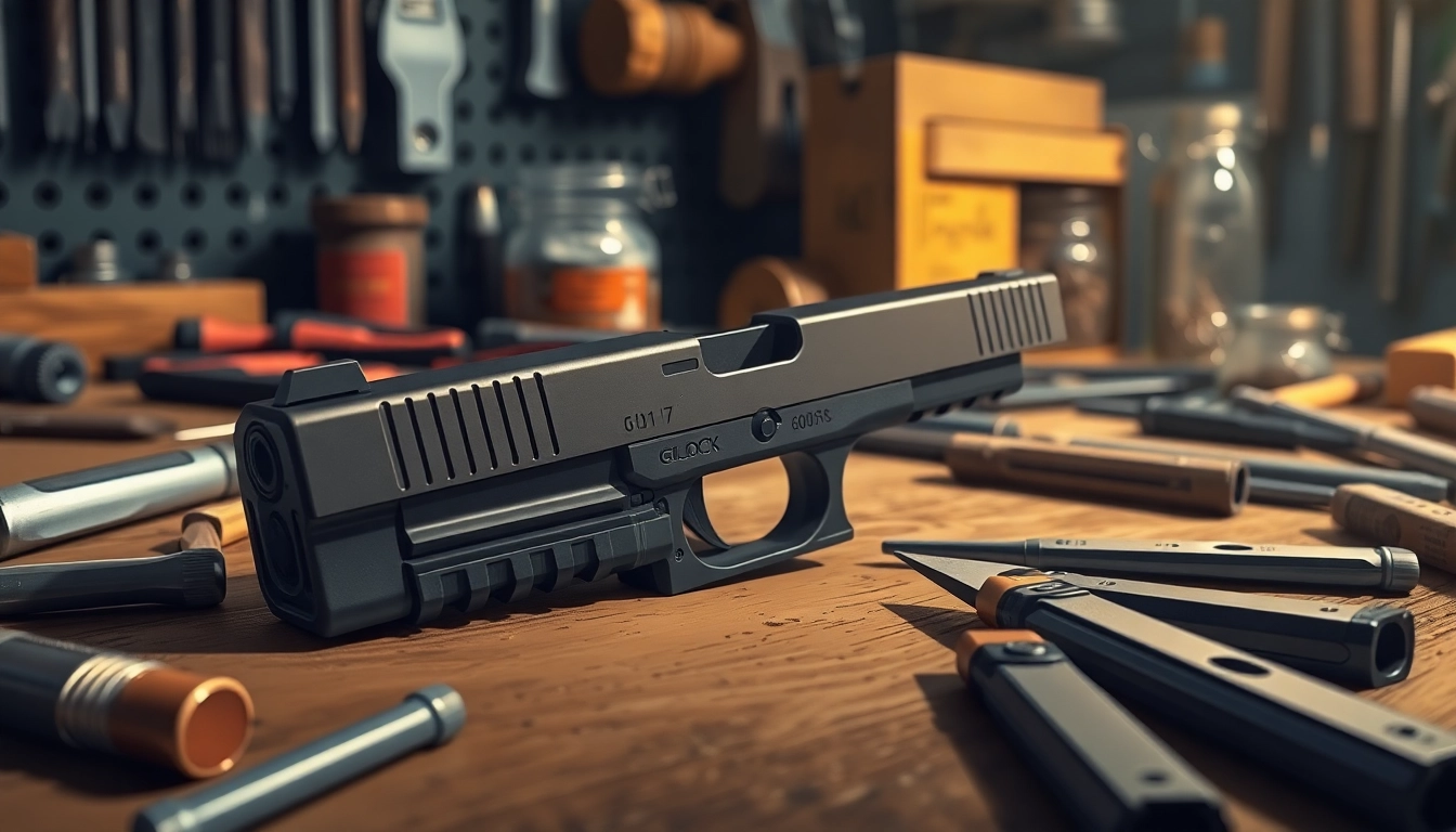 Showcasing glock 17 slide oem with precision craftsmanship on a workbench.