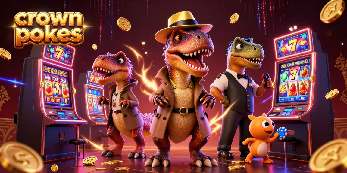 Experience the thrill of crown pokies with a playful velociraptor and stegosaurus in a dynamic slot scene.