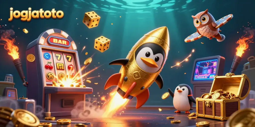 Experience the thrill of jogjatoto as a golden penguin zooms past a casino space station, surrounded by exciting game elements.