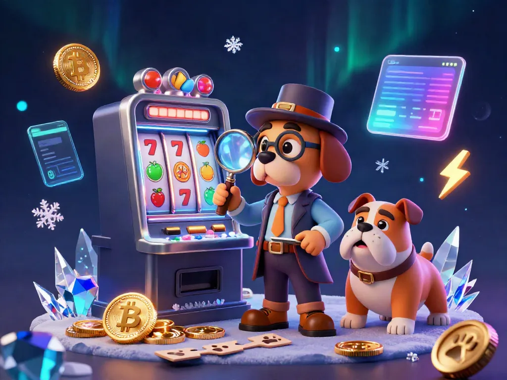 Detective dog examining a slot machine clue filled with Bitcoin and Ethereum coins amidst vibrant gaming symbols.