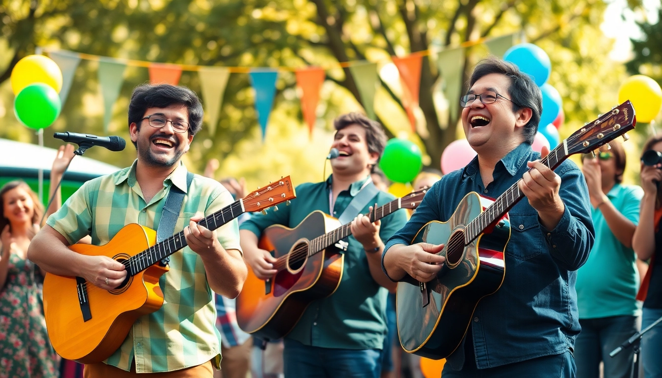 Ascultă muzica vesela interpretată de muzicieni într-un mediu vibrant și plin de viață.