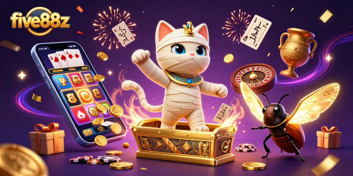 Play slots at five88z with a vibrant scene featuring a mummy cat and glowing scarab