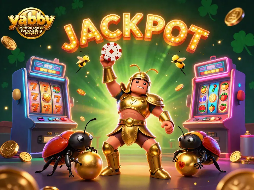 Play and win with Yabby Casino bonus codes for existing players featuring lively animated insects and slot machines.
