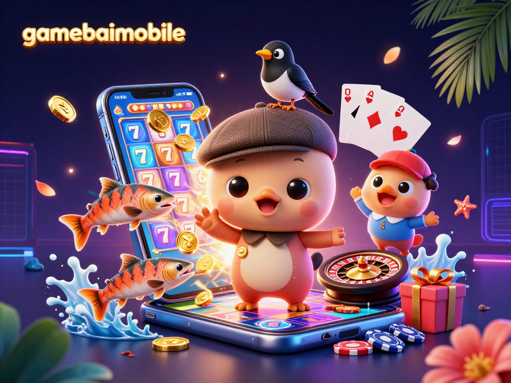 Engage with gamebaimobile's playful 3D cartoon scene featuring a baby Nessie, gaming elements, and vibrant colors.