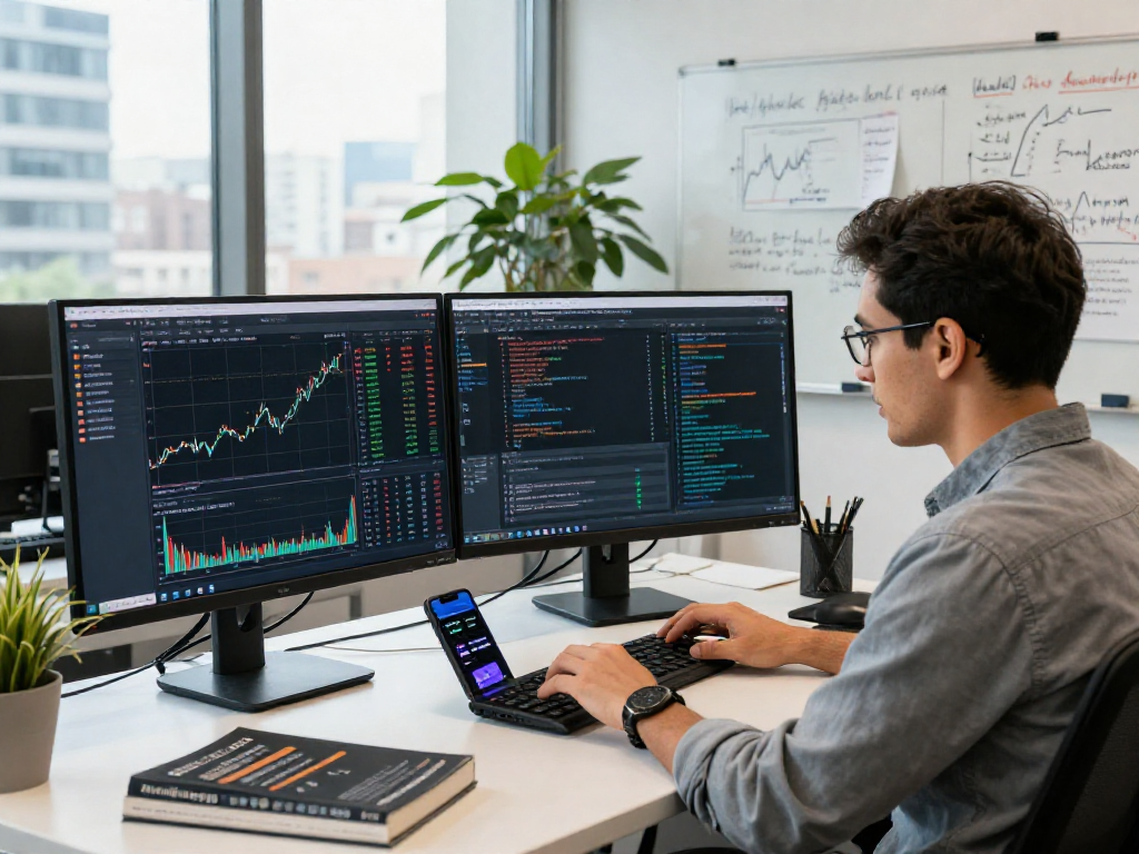 TradingView user analyzing market data on dual monitors in a modern office environment.