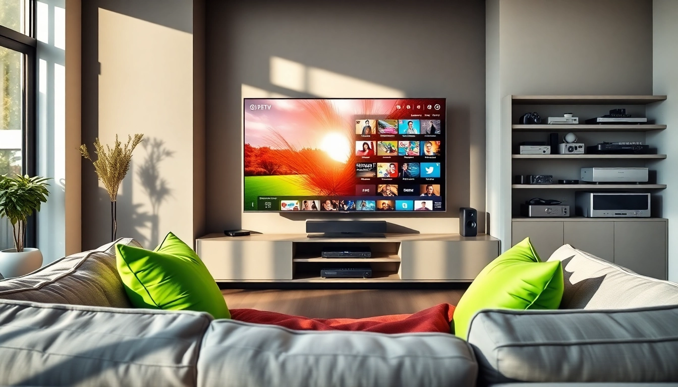 Showcasing IPTV services in a modern living room with a streaming setup and vibrant decor.