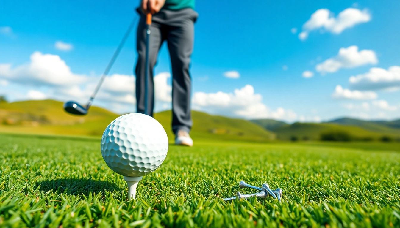 Golf player focuses on a perfect swing against a scenic golf course background.