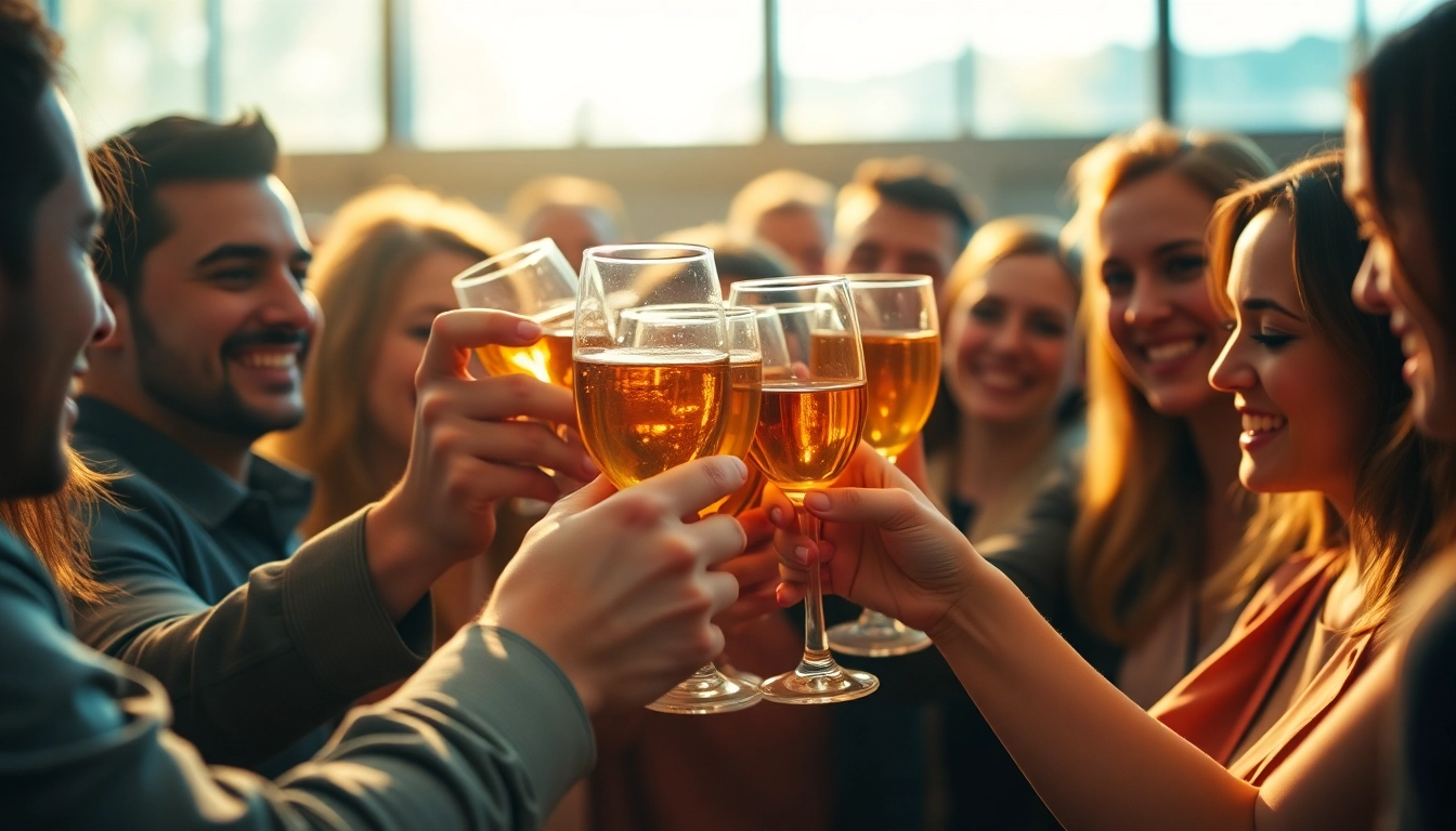 People happily giving a toast with glasses raised in celebration.