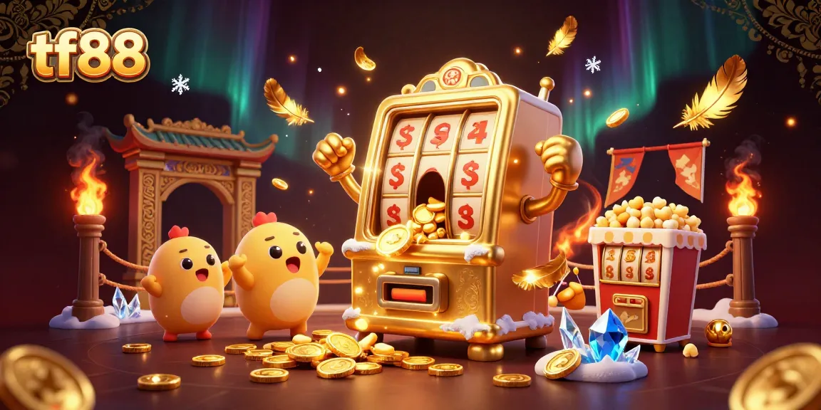 Experience excitement with tf88 as a golden slot machine hits the jackpot and cheers fill the scene.