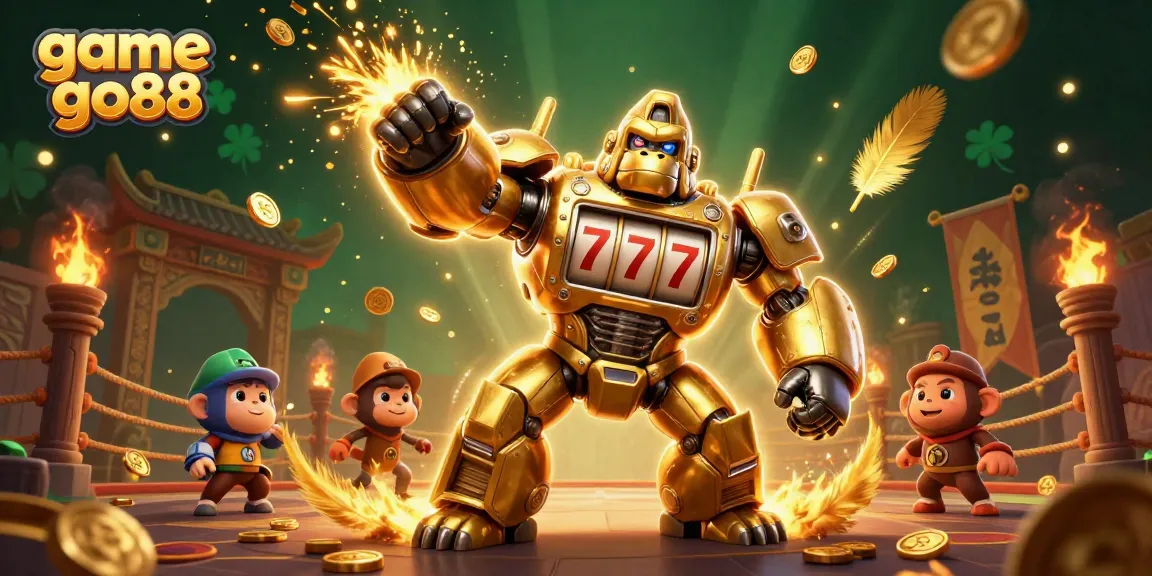 Engage in thrilling game go88 action with dynamic 3D illustration of golden gorilla mech in casino setting.