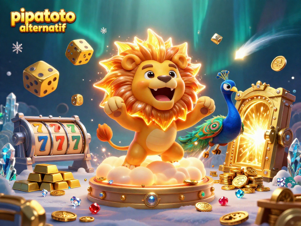 Pipatoto alternatif showcases thrilling gameplay with an energetic lion, vibrant gold visuals, and rich casino elements.