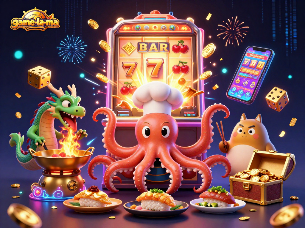 Engage with game-la-ma's vibrant casino experience featuring a cartoon sushi chef octopus and dynamic game elements.