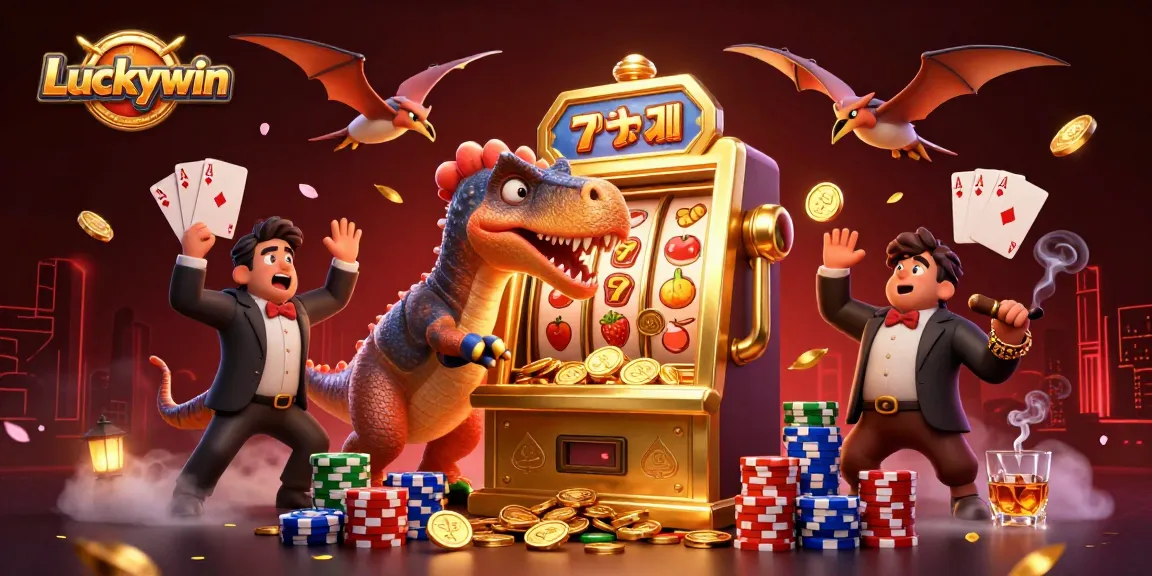 Luckywin features a pachycephalosaurus and slot machine in a vibrant casino scene.