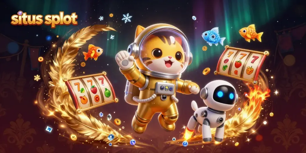 Ilustrasi situs slot yang menunjukkan kucing astronaut dan anjing robot dalam suasana kasino luar angkasa.