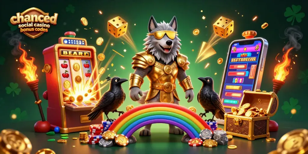 Engage with chanced social casino bonus codes through vibrant 3D illustration showcasing dynamic gaming elements.