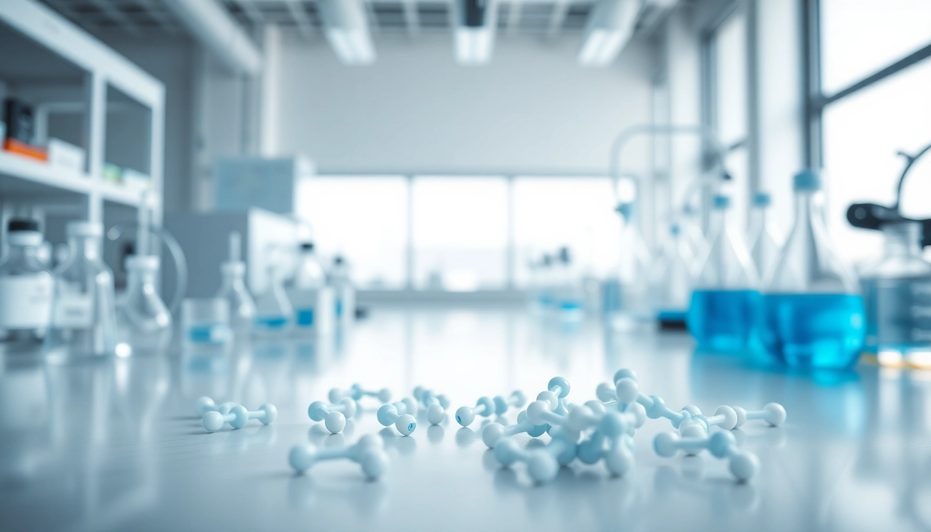 Showcasing research peptides in a vibrant lab setting with modern scientific equipment.