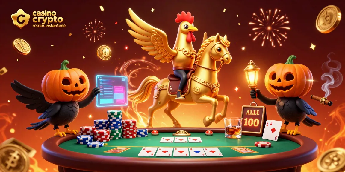 Le casino crypto retrait instantané avec un coq doré et des pièces en blockchain dans un décor festif.