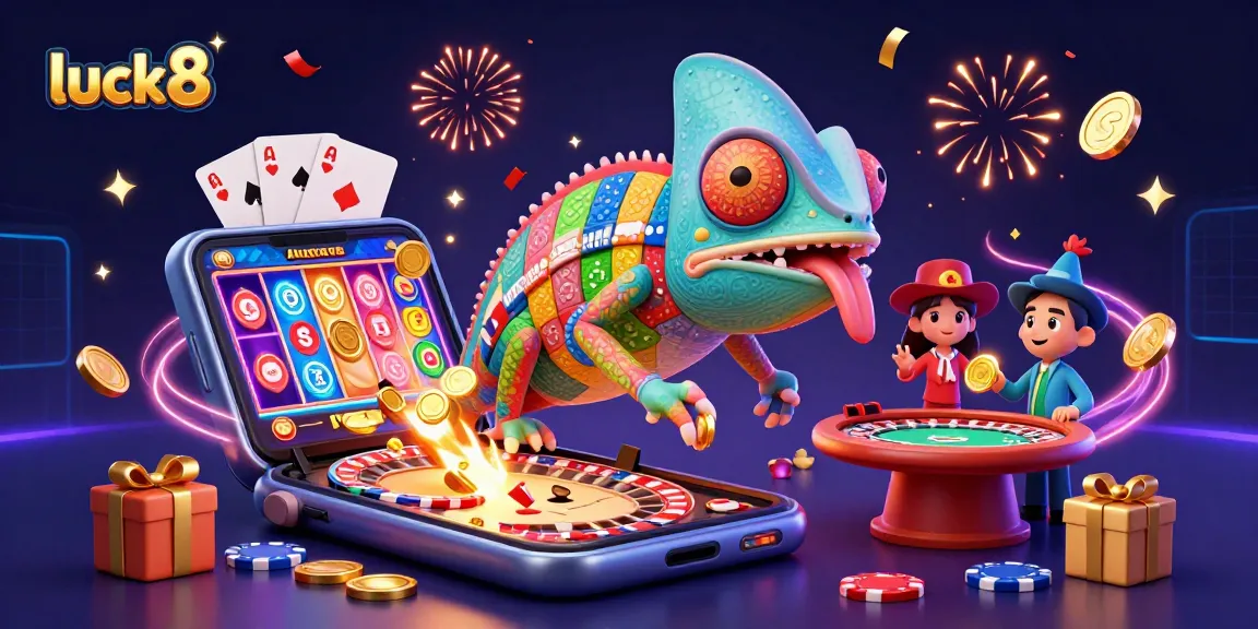 Engage with luck8 by enjoying vibrant gaming adventures, featuring a colorful chameleon casino owner amid casino action.