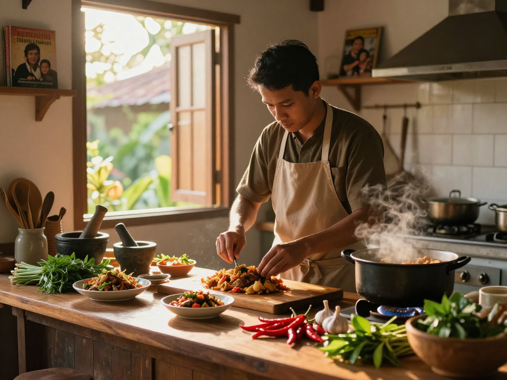 Proses memasak delapantoto dengan bahan segar di dapur tradisional Indonesia