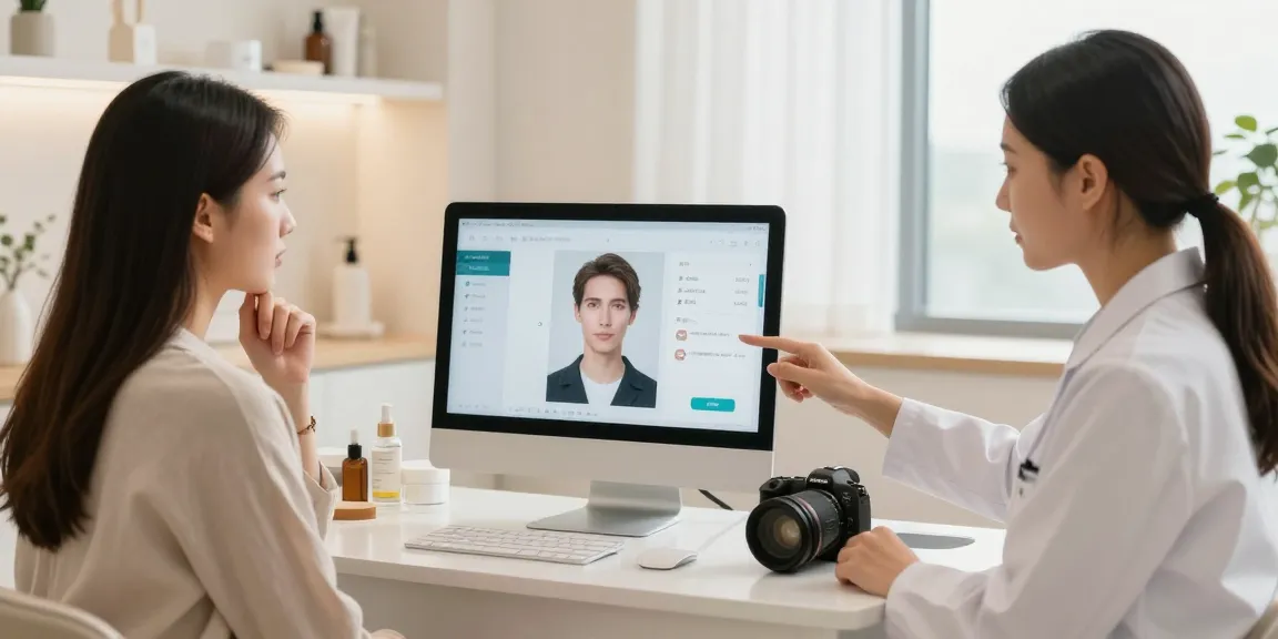 ClinicEvo cheaper than QOVES shown in a bright beauty clinic consultation scene with aesthetician and client.