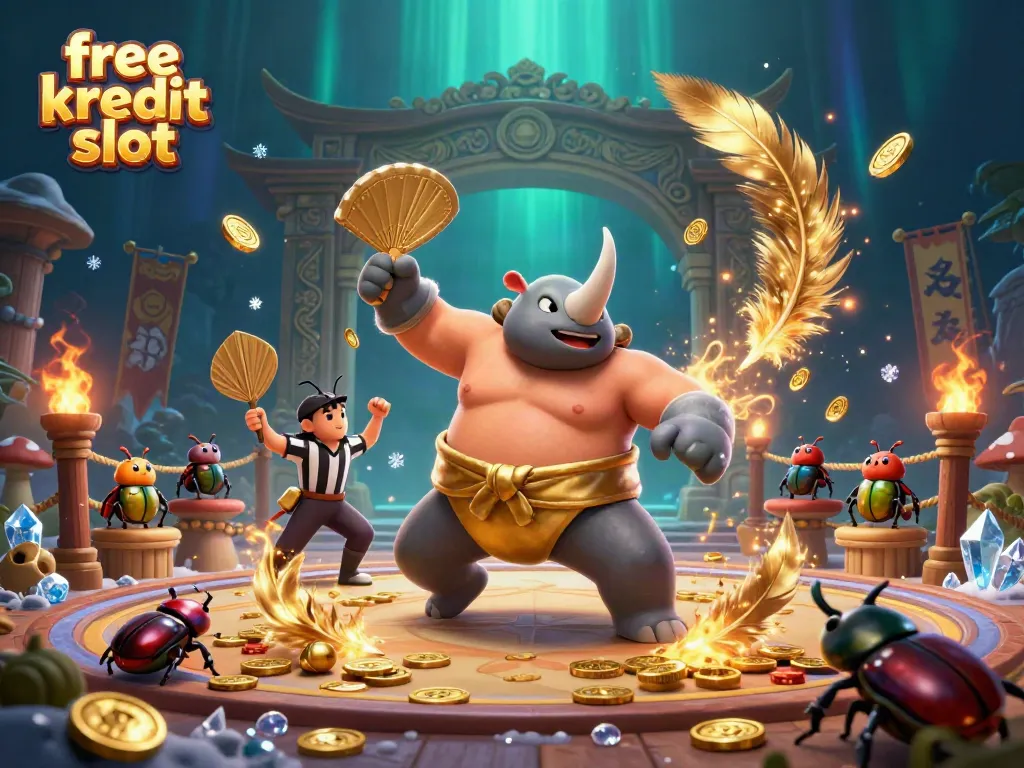 Experience the excitement of free kredit slot with a vibrant scene featuring a powerful beetle champion and dynamic casino elements.
