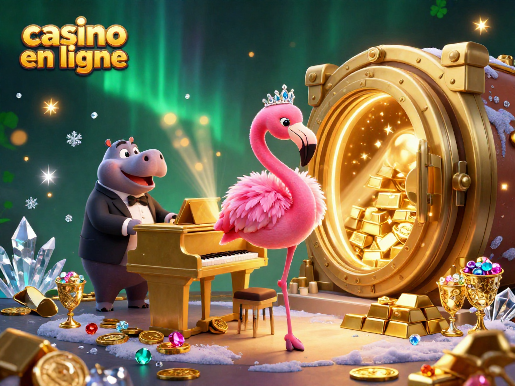 Découvrez une scène animée avec un flamant rose chanteur au casino en ligne illuminé.