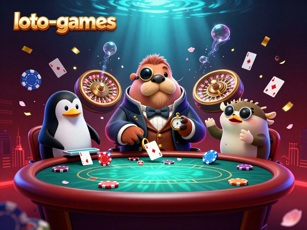 Experience thrilling poker at loto-games with a jolly walrus and sophisticated dealer in an underwater scene.