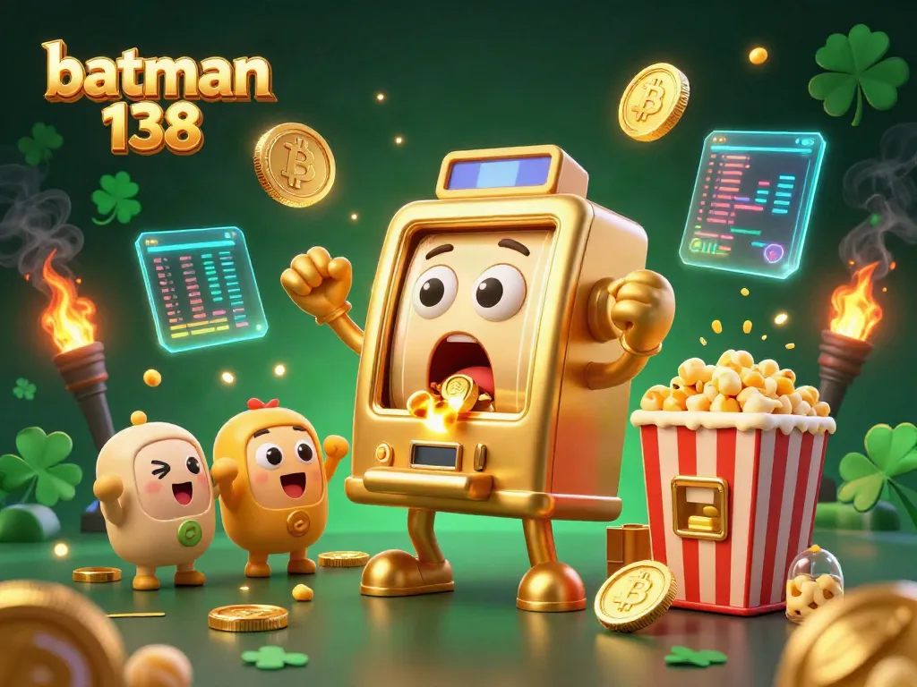 Engage with batman 138 as a golden slot machine wins a jackpot amidst crypto-themed visuals.