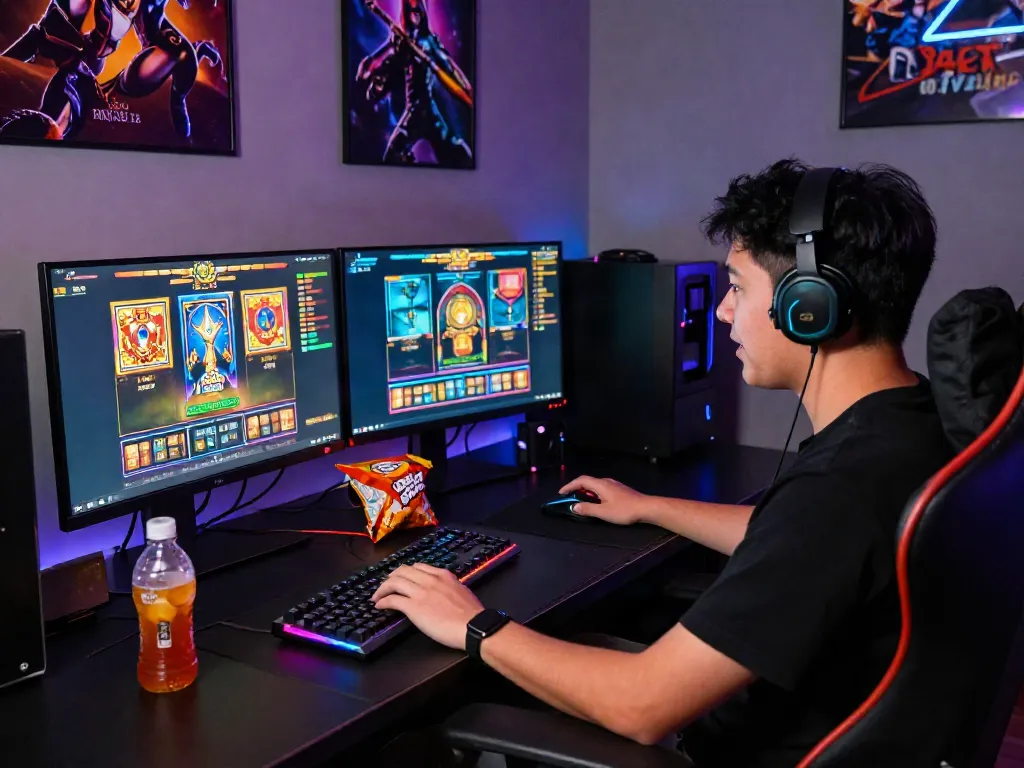 Engaged player experiencing the thrill of slot gacor with vibrant graphics and gaming setup.
