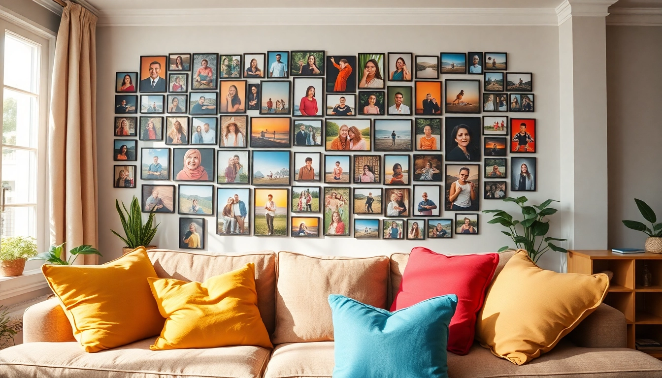 Bright photo wall showcasing diverse memories in a cozy setting.