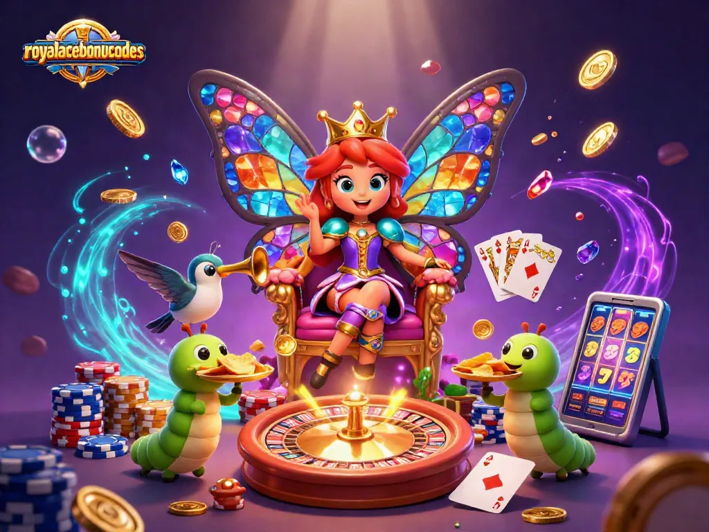 Spin to win with royalacebonuscodes as the butterfly queen rules a vibrant casino scene.