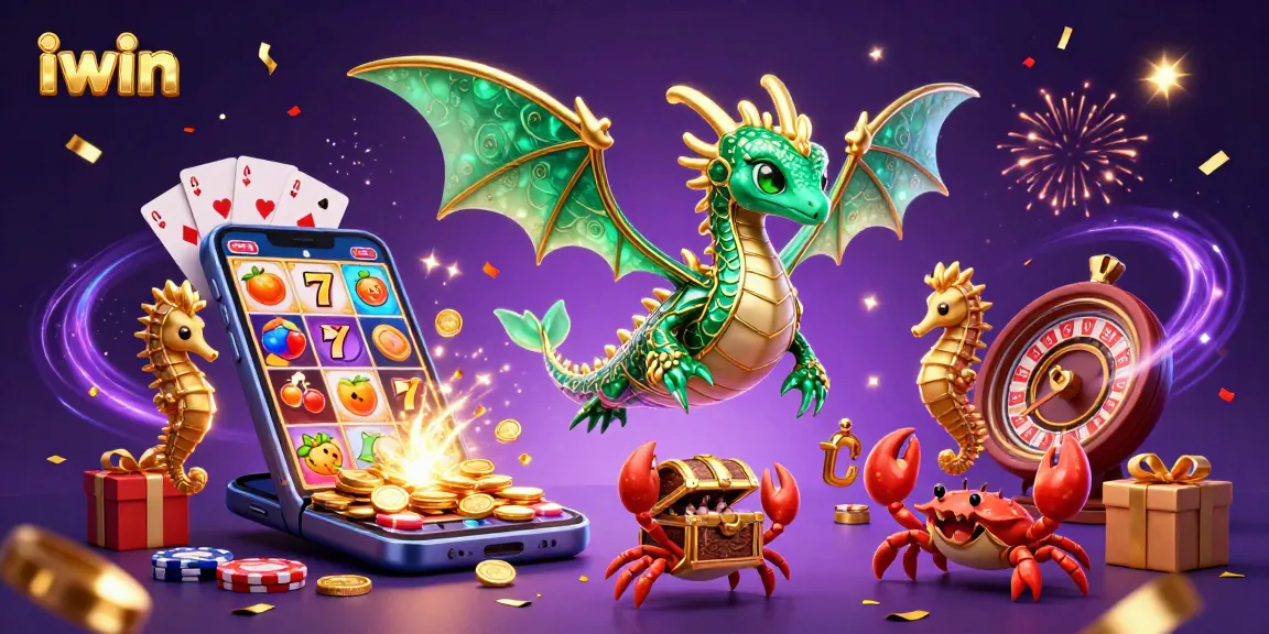 iwin showcases a vibrant 3D casino scene featuring a sea dragon, slot games, and treasure