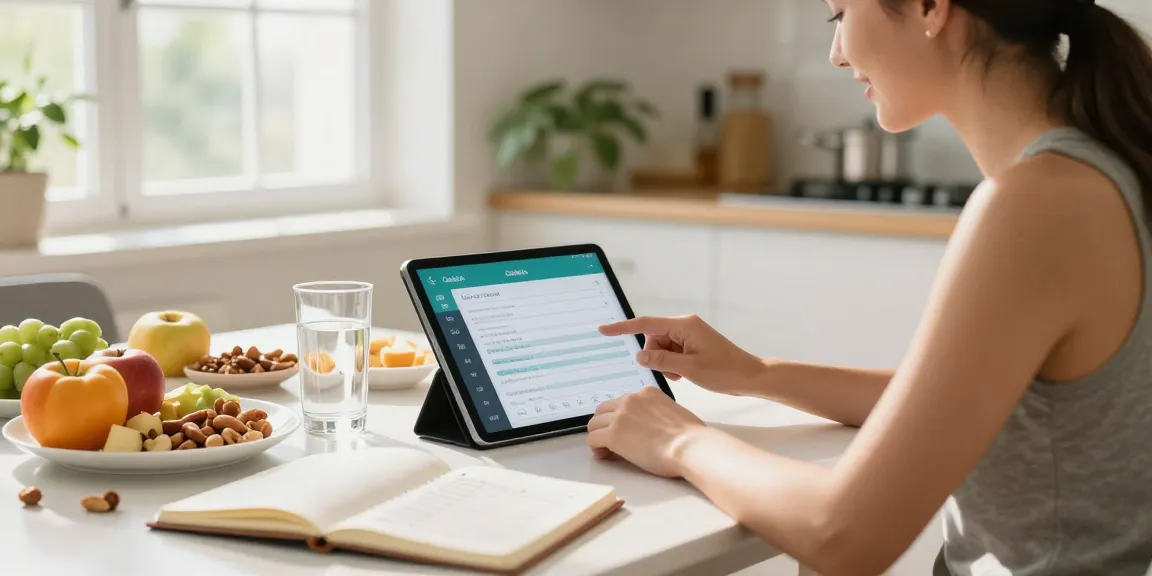 Engaged user exploring the best calorie tracker app in a bright kitchen setting.