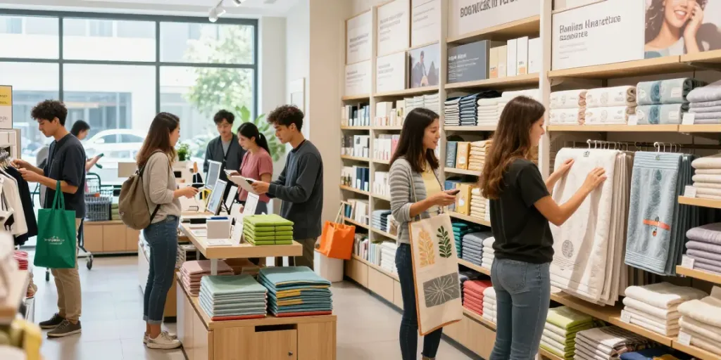 Shopsmart eco-friendly shopping experience with diverse customers exploring personalized products.