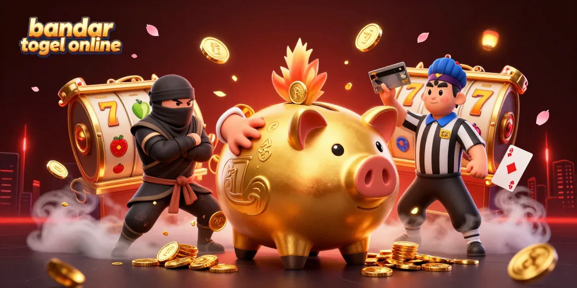 Engage in bandar togel online with a lively scene featuring a golden piggy bank sumo wrestler and vibrant gaming symbols.