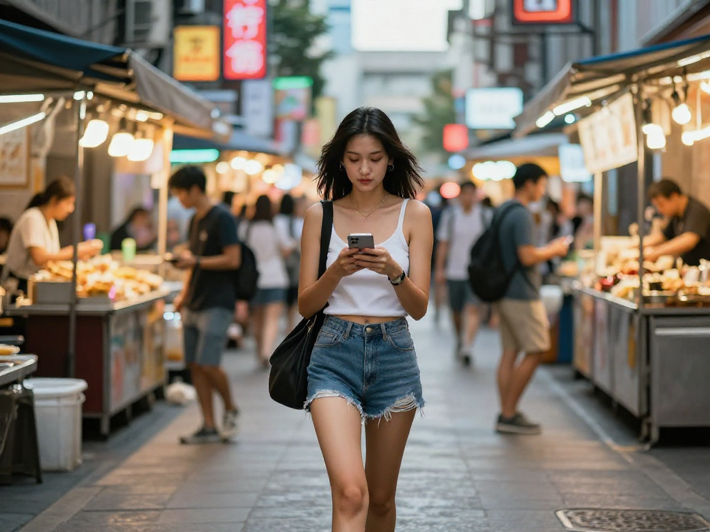 Gái gọi đang tự tin đi bộ giữa phố đêm sôi động với trang phục thu hút.