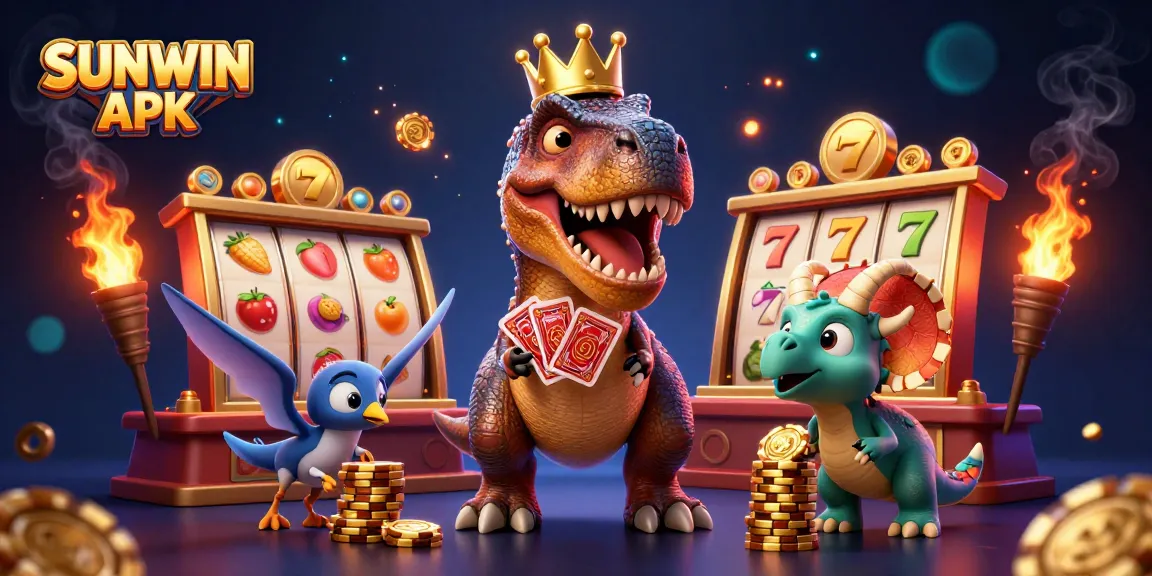 Experience the thrill of SUNWIN APK with a T-Rex shuffling cards amidst bright slot game action.