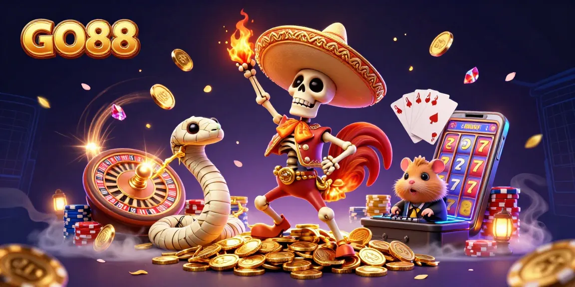 Experience excitement with GO88 as a mariachi rooster celebrates on golden coins amidst vibrant casino elements.